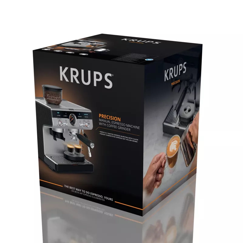 Espreso aparatas KRUPS XP801T pusiau automatinis su įmontuotu malūnėliu, 3 L vandens bakelis, 2 puodelių išpylimas, juoda / nerūdijantis plienas