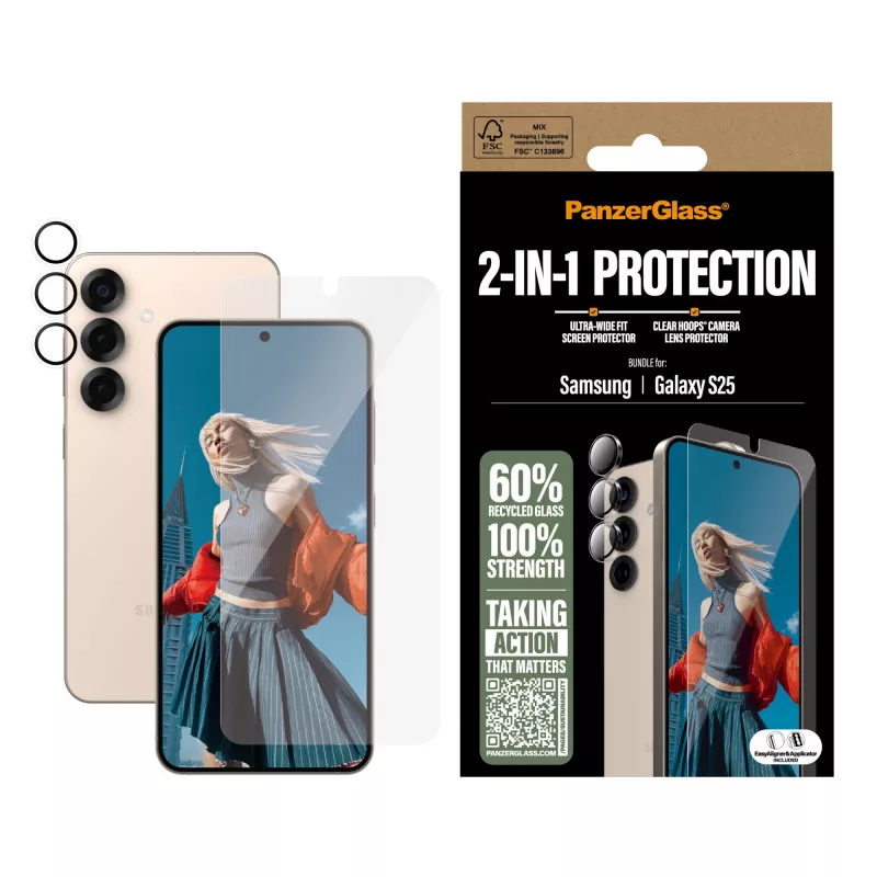 PanzerGlass 2-in-1 apsaugos rinkinys Samsung Galaxy S25, atsparus įbrėžimams ir smūgiams