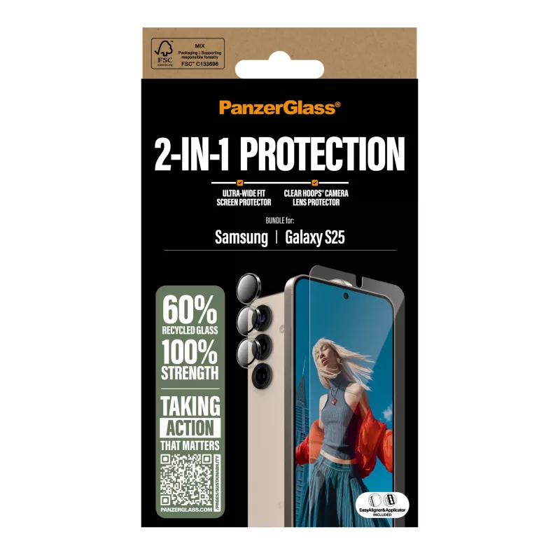 PanzerGlass 2-in-1 apsaugos rinkinys Samsung Galaxy S25, atsparus įbrėžimams ir smūgiams
