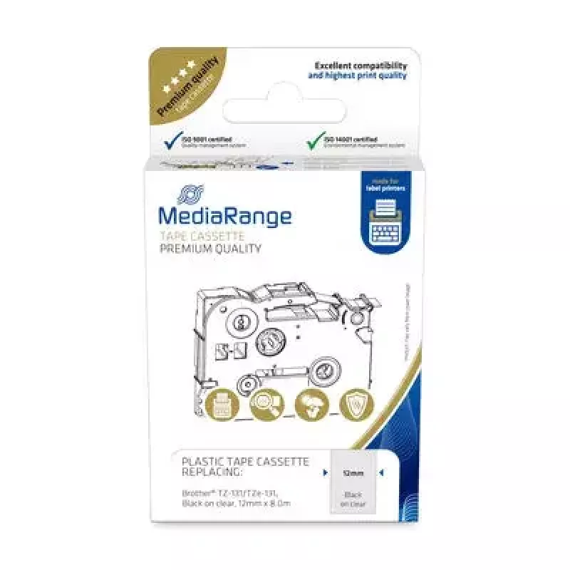 Plastikinė juostelės kasetė MediaRange TZ-131 12 mm juoda ant skaidrios