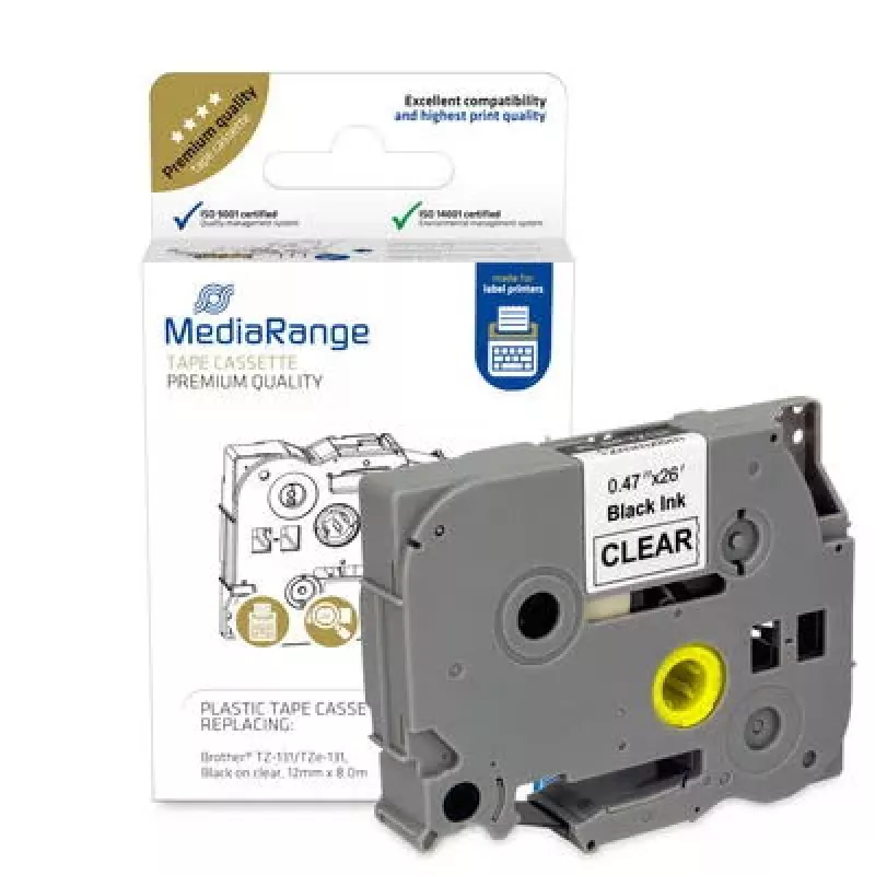 Plastikinė juostelės kasetė MediaRange TZ-131 12 mm juoda ant skaidrios