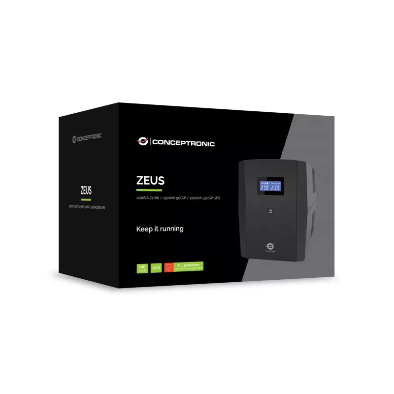 Conceptronic ZEUS03G 1200VA 720W UPS, 4 UK lizdai, HID USB, RJ45 įėjimas/išėjimas, AVR