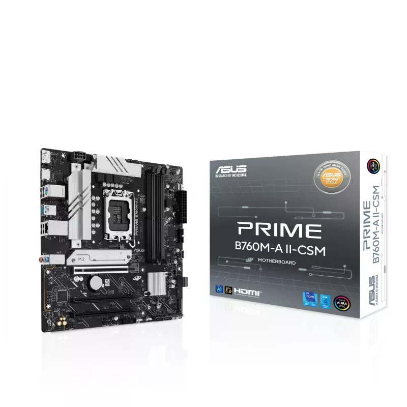 Motininė plokštė ASUS PRIME B760M-A II-CSM — Intel B760, LGA1700, microATX, DDR5, iki 256 GB, M.2/PCIe 4.0/SATA III, 2,5Gb Ethernet