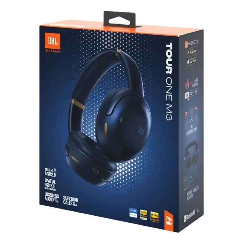 JBL Tour One M3 ausinės, laidinės ir belaidės, ant galvos, skambučiams/muzikai, USB Type-C, mėlynos