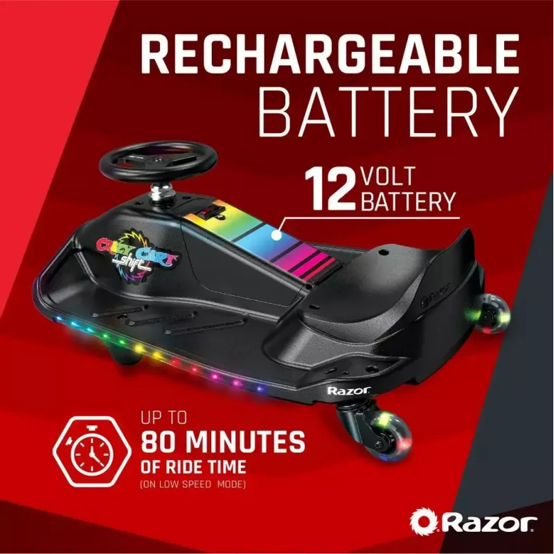 Elektrinis dreifo kartas Razor CRAZY CART Shift Lightshow — įkraunama ličio baterija, LED šviesos šou, 13 km/h, 40 min.