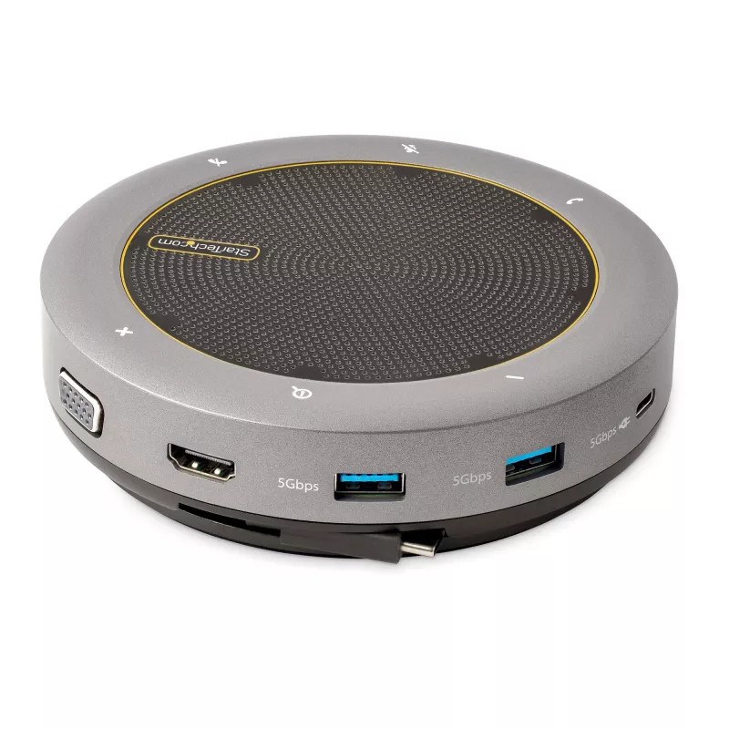 StarTech.com USB-C garsiakalbio dokinimo stotelė, mini nešiojama konferencijų garsiakalbis ir garso dokas, USB-C į VGA/4K HDMI, 2x USB-A šakotuvas, mikrofonas/garsiakalbis, Teams/Zoom/Softphone garsiakalbis