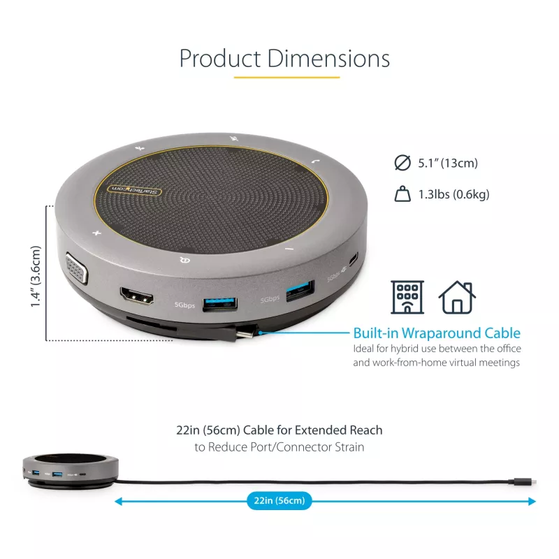 StarTech.com USB-C garsiakalbio dokinimo stotelė, mini nešiojama konferencijų garsiakalbis ir garso dokas, USB-C į VGA/4K HDMI, 2x USB-A šakotuvas, mikrofonas/garsiakalbis, Teams/Zoom/Softphone garsiakalbis