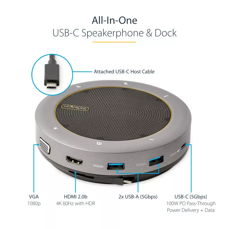 StarTech.com USB-C garsiakalbio dokinimo stotelė, mini nešiojama konferencijų garsiakalbis ir garso dokas, USB-C į VGA/4K HDMI, 2x USB-A šakotuvas, mikrofonas/garsiakalbis, Teams/Zoom/Softphone garsiakalbis