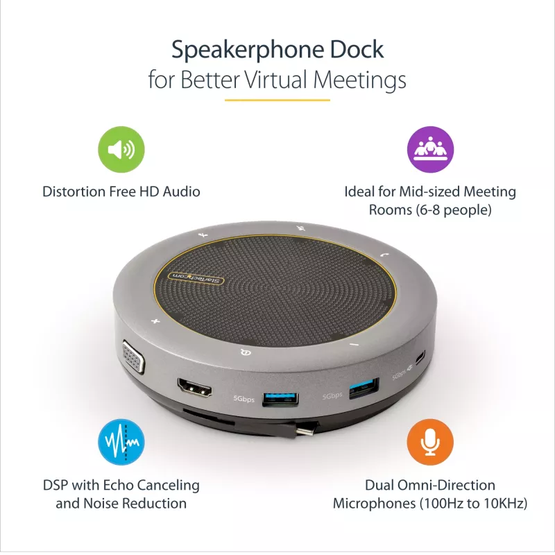 StarTech.com USB-C garsiakalbio dokinimo stotelė, mini nešiojama konferencijų garsiakalbis ir garso dokas, USB-C į VGA/4K HDMI, 2x USB-A šakotuvas, mikrofonas/garsiakalbis, Teams/Zoom/Softphone garsiakalbis