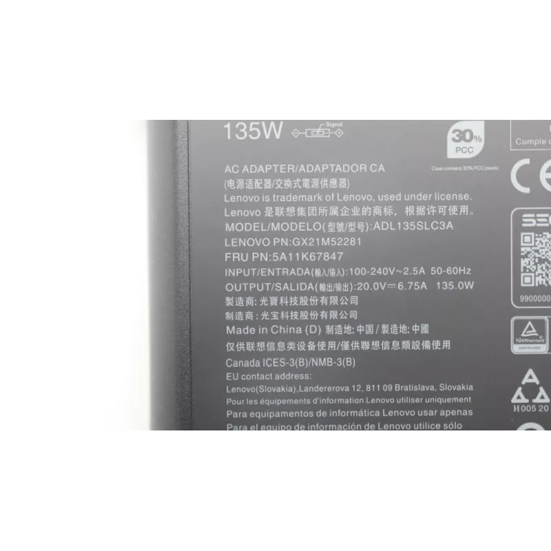Lenovo 5A11K67847 maitinimo adapteris / inverteris Vidinis 135 W Juoda