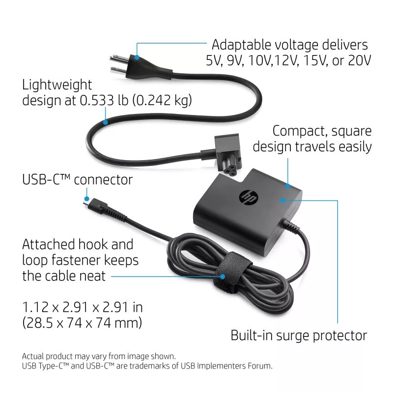 AC USB-C kelioninis maitinimo adapteris 65W — HP — kompaktiškas 100–240V patalpų įkroviklis, juodas, 74×74×28,5 mm