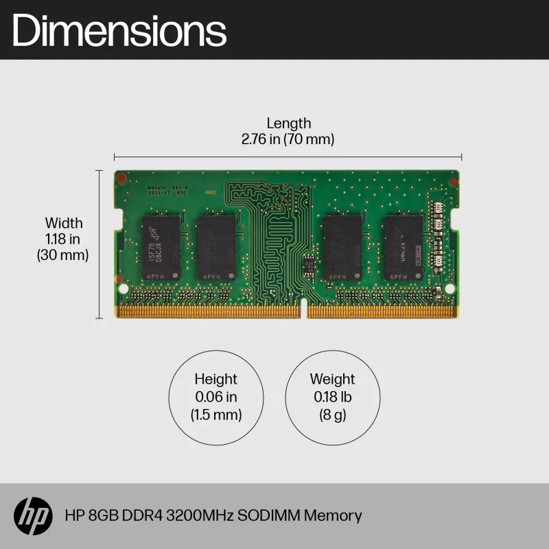 HP 8 GB DDR4 3200 SODIMM atmintis, verslui, Windows 10, Windows 11, 70 mm, 30 mm, 1,5 mm, 8 g