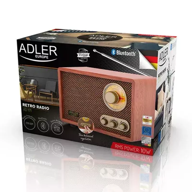 Nešiojamas radijo imtuvas Adler AD 1171 – AM/FM, 10 W RMS, Bluetooth, išorinė antena, bronzinis, 290×200×172 mm