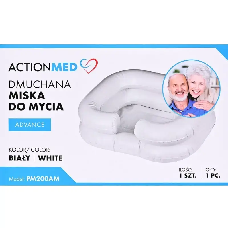 Pripučiamas prausimosi dubuo ActionMed PM200AM — nešiojamas stačiakampis higienos baseinas, baltas, su pompa ir žarna