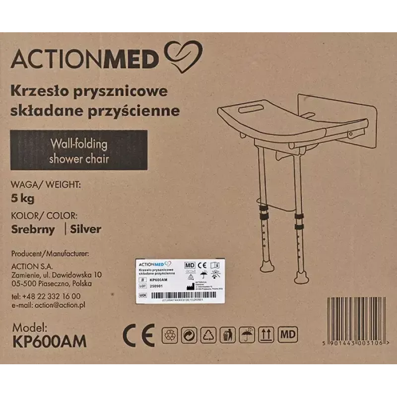 Prie sienos tvirtinama sulankstoma dušo kėdė ActionMed KP600AM — balta, ergonomiška sėdynė, reguliuojamos neslidžios kojelės, 3 kg