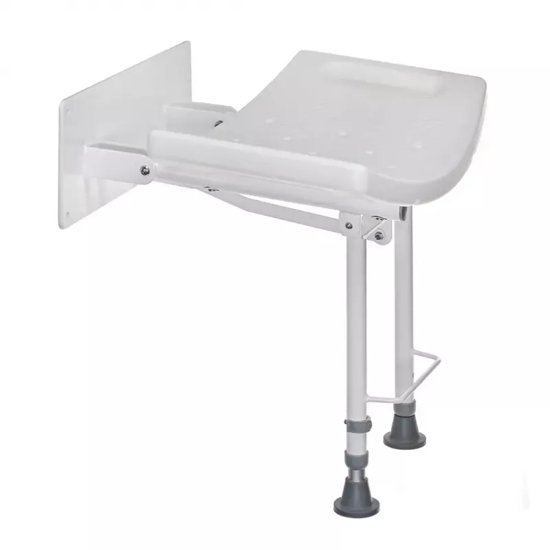Prie sienos tvirtinama sulankstoma dušo kėdė ActionMed KP600AM — balta, ergonomiška sėdynė, reguliuojamos neslidžios kojelės, 3 kg