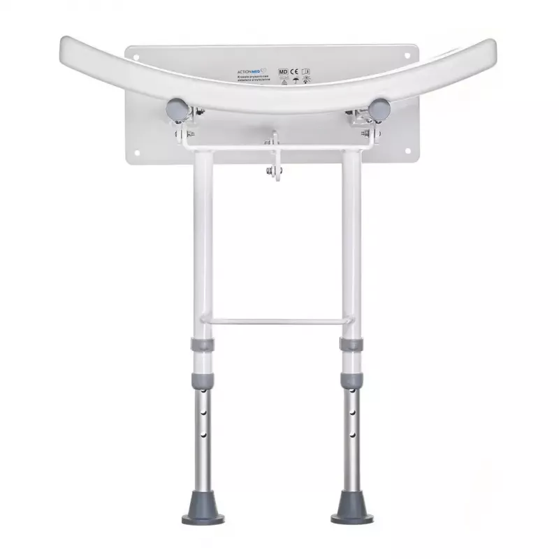 Prie sienos tvirtinama sulankstoma dušo kėdė ActionMed KP600AM — balta, ergonomiška sėdynė, reguliuojamos neslidžios kojelės, 3 kg