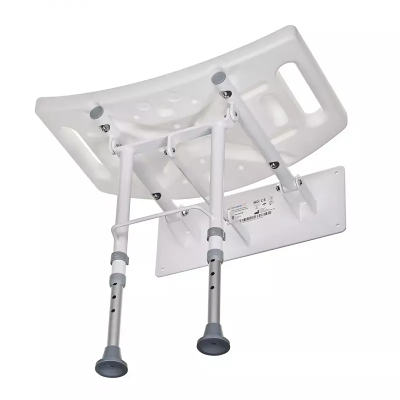 Prie sienos tvirtinama sulankstoma dušo kėdė ActionMed KP600AM — balta, ergonomiška sėdynė, reguliuojamos neslidžios kojelės, 3 kg