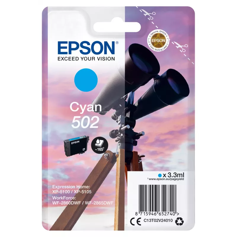 Epson 502 Cyan rašalo kasetė, vienetinė, standartinė talpa, 3,3 ml, 1 vnt., 165 puslapių