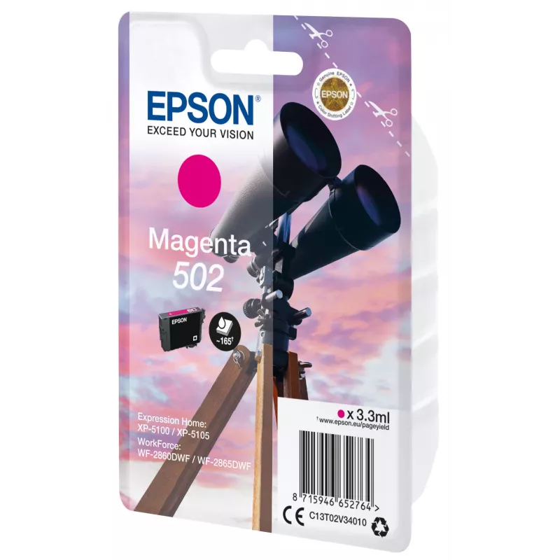 Epson Singlepack Magenta 502 rašalas, standartinė talpa, purpurinė spalva, pigmentinis rašalas, 3,3 ml, 1 vnt., 165 puslapiai