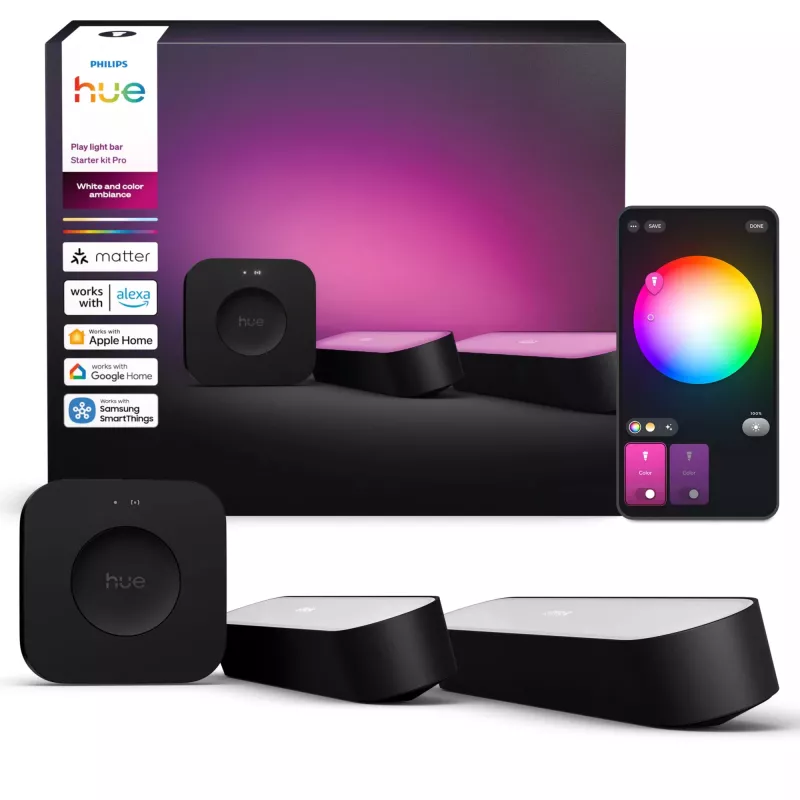 Philips Hue Play šviesos juostų pradinis rinkinys — 2 Play šviesos juostos + Hue Bridge Pro, Bluetooth, juoda, Type C kištukas