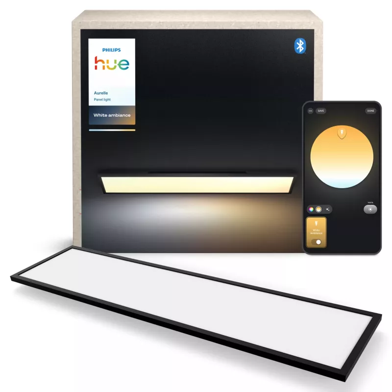 Išmanusis lubinis šviestuvas Signify Philips Aurelle Rectangle Panel — Bluetooth/Zigbee, 1200×300×48 mm, juodas