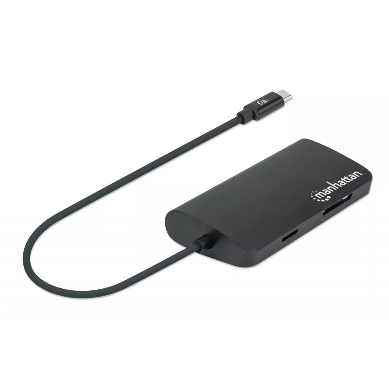 Manhattan USB-C dokas / šakotuvas su kortelių skaitytuvu, prievadai (x5): Ethernet, USB-A (3) ir USB-C, 5 Gbps (USB 3.2 Gen1, dar žinomas kaip USB 3.0), su maitinimo tiekimu (100 W) į USB-C prievadą (pastaba: reikalingas papildomas USB-C sieninis įkroviklis ir USB-C kabelis), universalus visiems įrenginiams, aliuminis