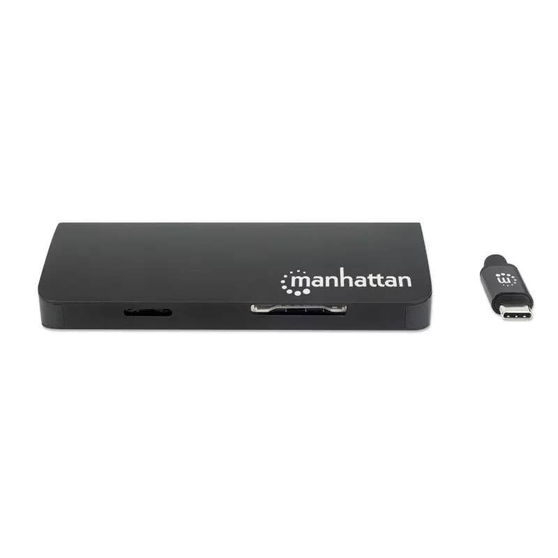 Manhattan USB-C dokas / šakotuvas su kortelių skaitytuvu, prievadai (x5): Ethernet, USB-A (3) ir USB-C, 5 Gbps (USB 3.2 Gen1, dar žinomas kaip USB 3.0), su maitinimo tiekimu (100 W) į USB-C prievadą (pastaba: reikalingas papildomas USB-C sieninis įkroviklis ir USB-C kabelis), universalus visiems įrenginiams, aliuminis