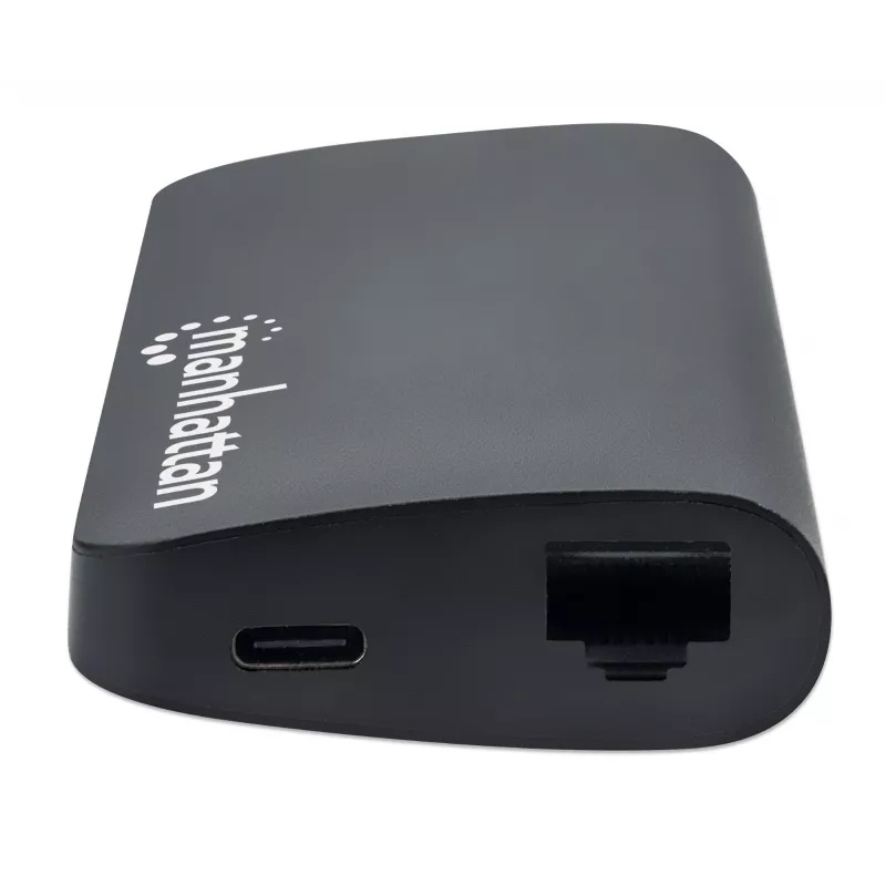 Manhattan USB-C dokas / šakotuvas su kortelių skaitytuvu, prievadai (x5): Ethernet, USB-A (3) ir USB-C, 5 Gbps (USB 3.2 Gen1, dar žinomas kaip USB 3.0), su maitinimo tiekimu (100 W) į USB-C prievadą (pastaba: reikalingas papildomas USB-C sieninis įkroviklis ir USB-C kabelis), universalus visiems įrenginiams, aliuminis