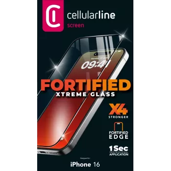 “Cellularline Fortified Xtreme Glass” – itin apsauginis grūdintas stiklas su sustiprintais kraštais, skirtas “iPhone 16”, lengvai uždedamas ir ypač atsparus