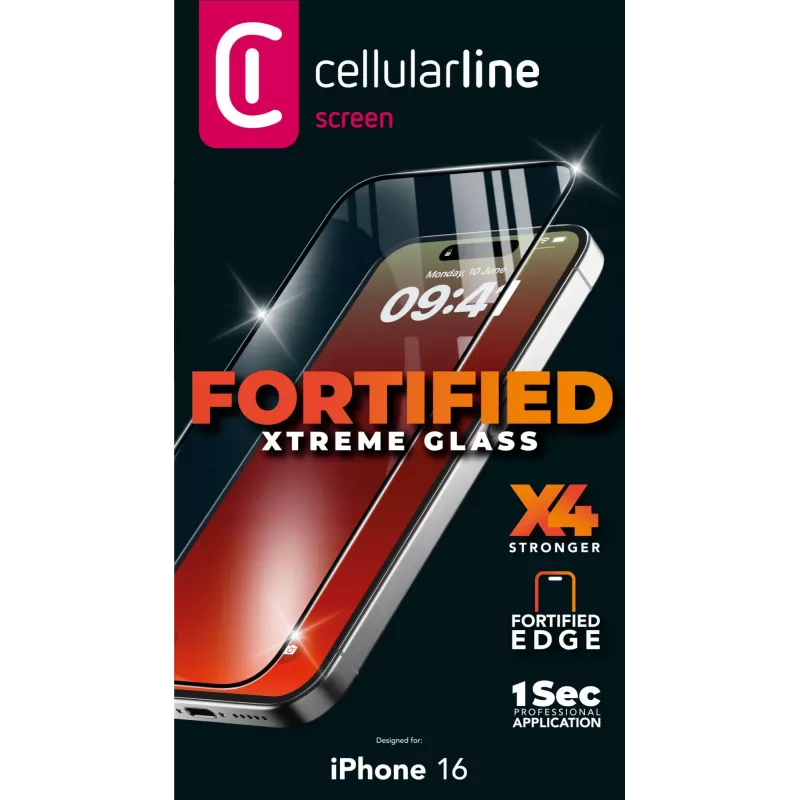 “Cellularline Fortified Xtreme Glass” – itin apsauginis grūdintas stiklas su sustiprintais kraštais, skirtas “iPhone 16”, lengvai uždedamas ir ypač atsparus