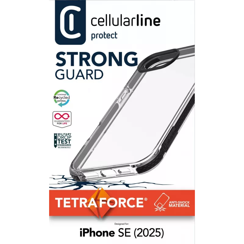 Cellularline Tetra Force Strong Guard - iPhone 16e itin apsauginis, smūgiams atsparus lankstus dėklas su integruota Microban® antibakterine technologija