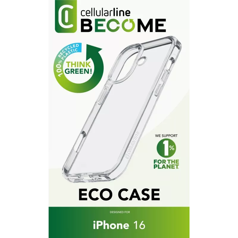 “Cellularline Become” dėklas - “iPhone 16” dėklas, pagamintas iš 100% perdirbto plastiko