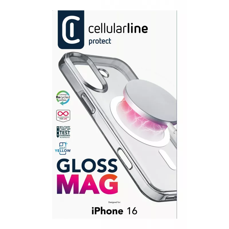 Cellularline Gloss Mag - iPhone 16 magnetinis dėklas įkrovimui ir prijungimui prie MagSafe įkroviklio