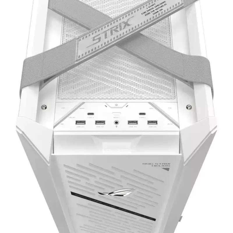 PC Case ASUS ROG Strix Helios II Midi Tower White — palaiko EATX/ATX/Micro‑ATX/Mini‑ITX, 3x140mm priekyje + 1x140mm gale, 2×3,5 colio + 4×2,5 colio lizdai, grūdintas stiklas