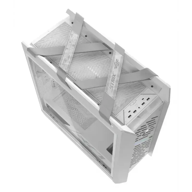 PC Case ASUS ROG Strix Helios II Midi Tower White — palaiko EATX/ATX/Micro‑ATX/Mini‑ITX, 3x140mm priekyje + 1x140mm gale, 2×3,5 colio + 4×2,5 colio lizdai, grūdintas stiklas