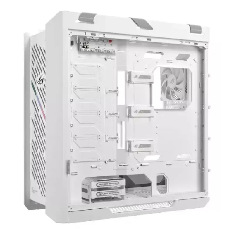 PC Case ASUS ROG Strix Helios II Midi Tower White — palaiko EATX/ATX/Micro‑ATX/Mini‑ITX, 3x140mm priekyje + 1x140mm gale, 2×3,5 colio + 4×2,5 colio lizdai, grūdintas stiklas
