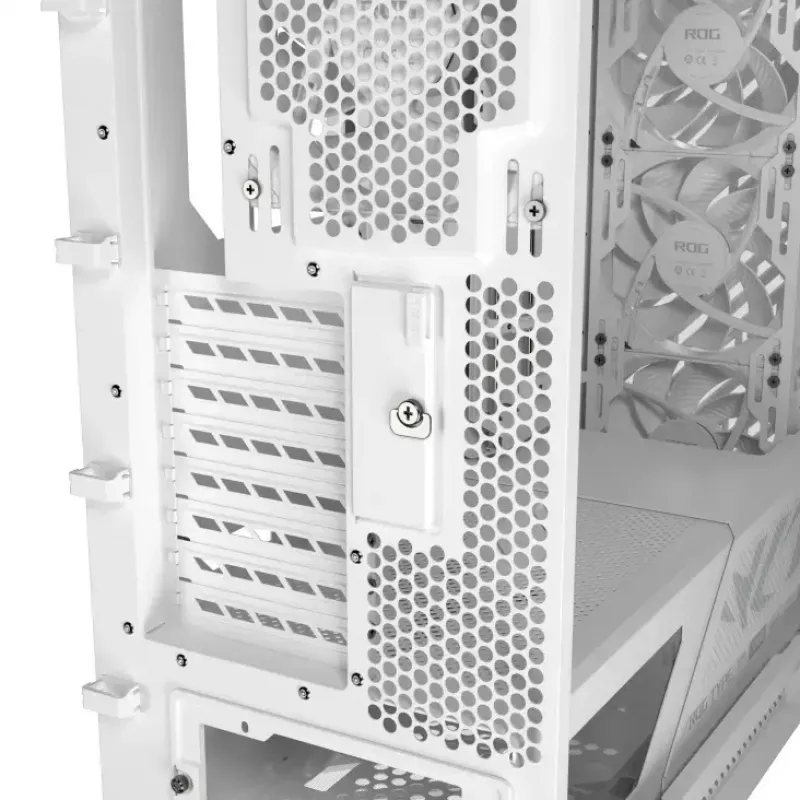 PC Case ASUS ROG Strix Helios II Midi Tower White — palaiko EATX/ATX/Micro‑ATX/Mini‑ITX, 3x140mm priekyje + 1x140mm gale, 2×3,5 colio + 4×2,5 colio lizdai, grūdintas stiklas