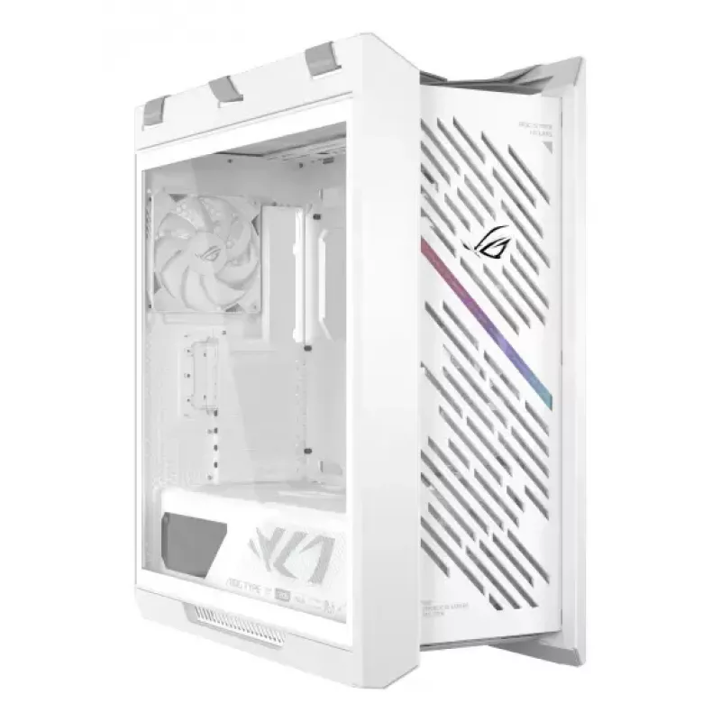 PC Case ASUS ROG Strix Helios II Midi Tower White — palaiko EATX/ATX/Micro‑ATX/Mini‑ITX, 3x140mm priekyje + 1x140mm gale, 2×3,5 colio + 4×2,5 colio lizdai, grūdintas stiklas
