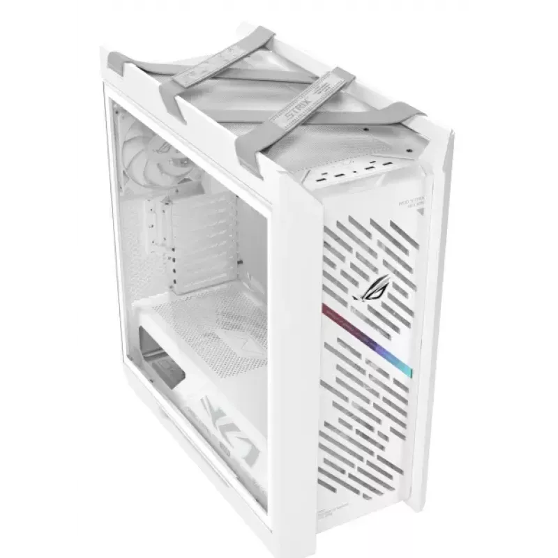 PC Case ASUS ROG Strix Helios II Midi Tower White — palaiko EATX/ATX/Micro‑ATX/Mini‑ITX, 3x140mm priekyje + 1x140mm gale, 2×3,5 colio + 4×2,5 colio lizdai, grūdintas stiklas