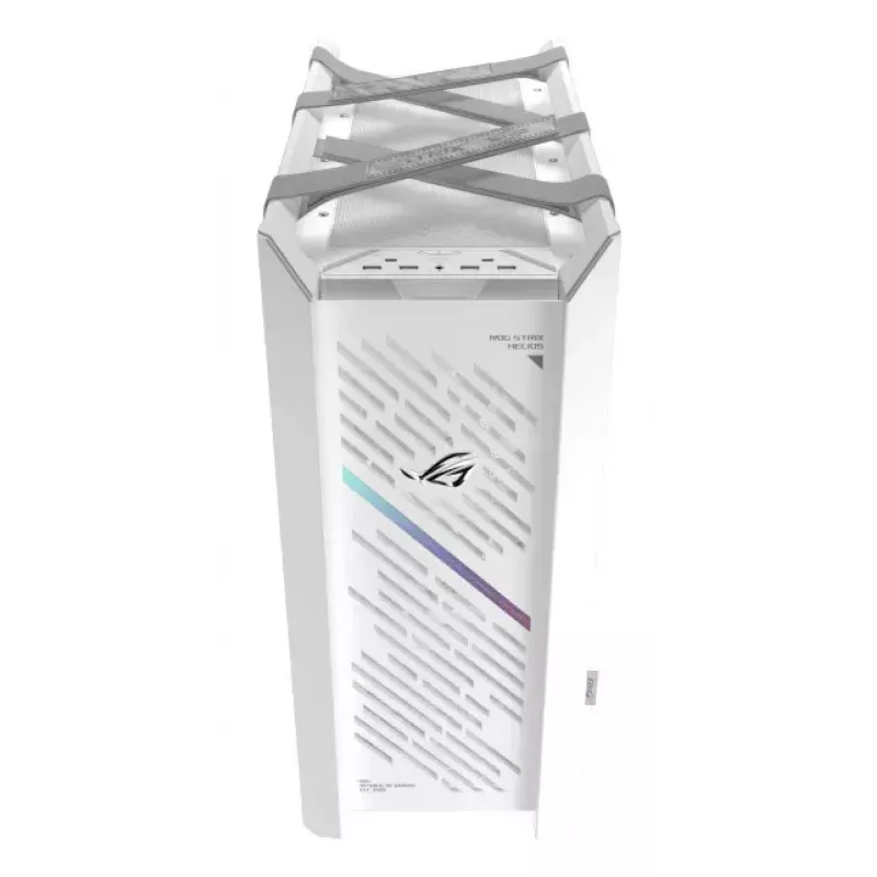 PC Case ASUS ROG Strix Helios II Midi Tower White — palaiko EATX/ATX/Micro‑ATX/Mini‑ITX, 3x140mm priekyje + 1x140mm gale, 2×3,5 colio + 4×2,5 colio lizdai, grūdintas stiklas