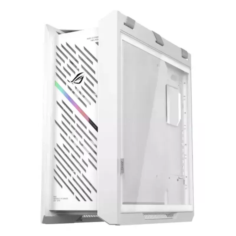 PC Case ASUS ROG Strix Helios II Midi Tower White — palaiko EATX/ATX/Micro‑ATX/Mini‑ITX, 3x140mm priekyje + 1x140mm gale, 2×3,5 colio + 4×2,5 colio lizdai, grūdintas stiklas