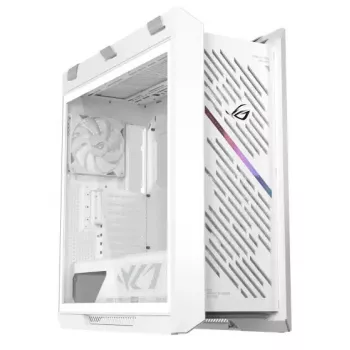 PC Case ASUS ROG Strix Helios II Midi Tower White — palaiko EATX/ATX/Micro‑ATX/Mini‑ITX, 3x140mm priekyje + 1x140mm gale, 2×3,5 colio + 4×2,5 colio lizdai, grūdintas stiklas