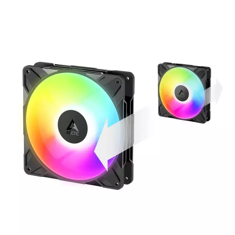 140 mm korpuso ventiliatorius Arctic Freezer P14 Pro Reverse A-RGB — PWM, 140 mm, 166,5 m³/h, 5,1 mmH2O, FDB, juodas