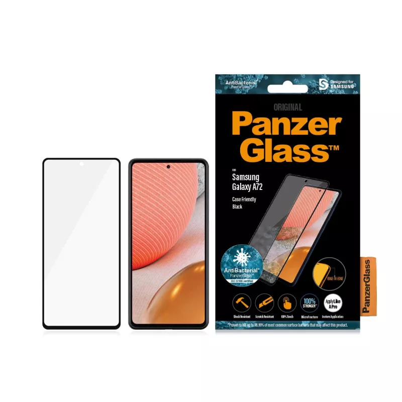 Apsauginė stiklo plėvelė PanzerGlass Samsung Galaxy A72 atspari įbrėžimams ir smūgiams