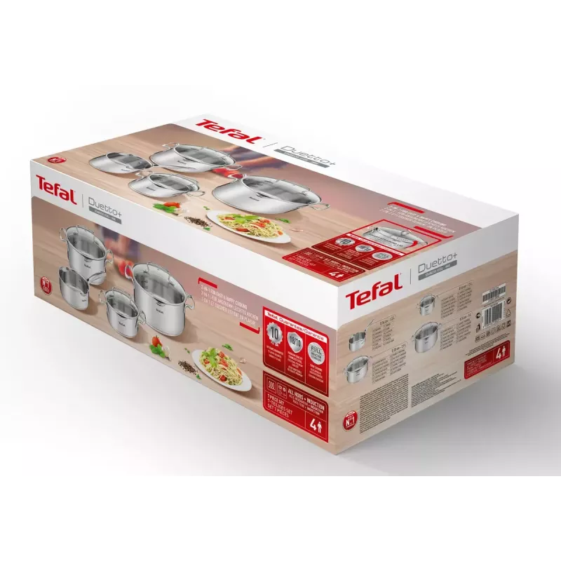 Puodų rinkinys Tefal Duetto+ G719S7, nerūdijantis plienas, 7 vnt. (puodai Ø16/20/24 cm, troškintuvas Ø16 cm), indukcinis, dangčiai, tinkamas orkaitei iki 250°C