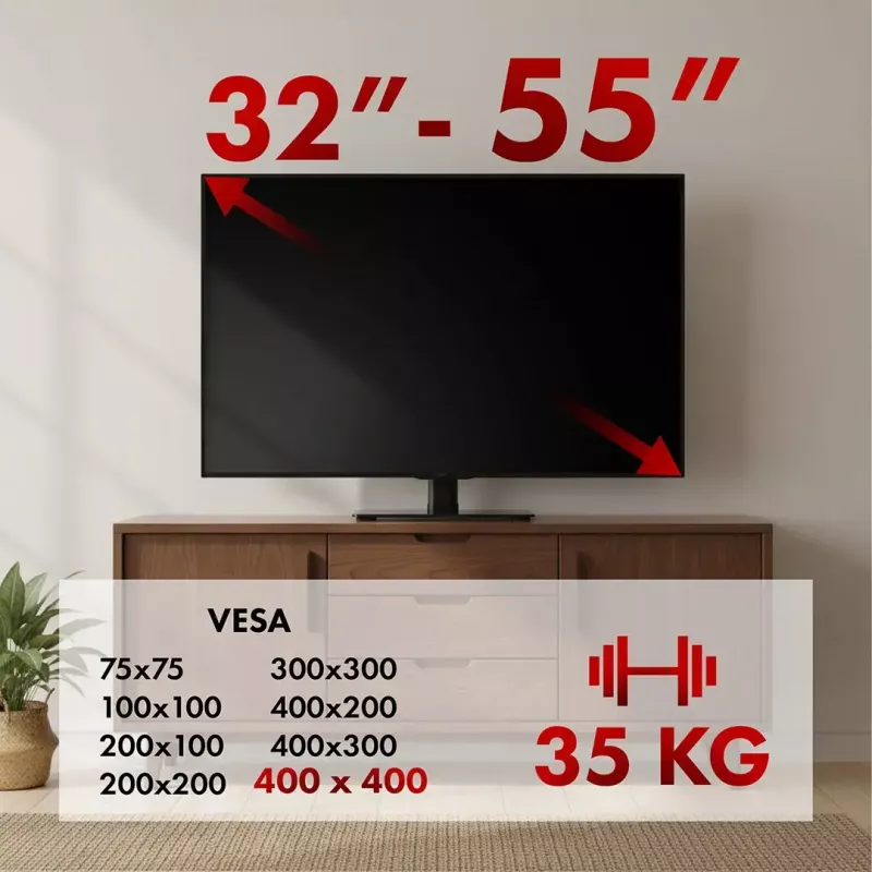 TV stovas MACLEAN MC-132, skirtas 32–55 colių televizoriams, palaiko iki 35 kg, 20° pasukimas, VESA 75x75–400x400