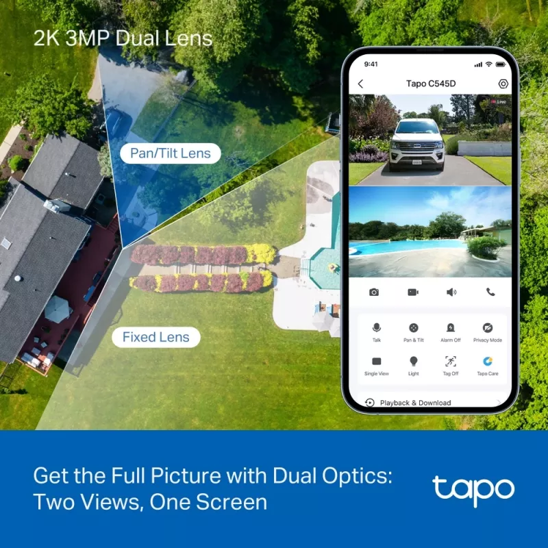 TP-Link Tapo Outdoor Dual Lens Pan/Tilt Security Camera, IP apsaugos kamera, lauko, laidinė ir belaidė, montavimas ant lubų/sienos/stulpo, balta, sferinė