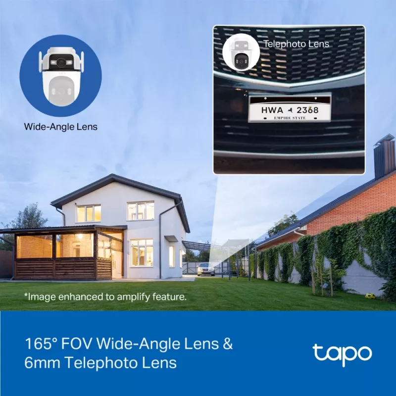 TP-Link Tapo Outdoor Dual Lens Pan/Tilt Security Camera, IP apsaugos kamera, lauko, laidinė ir belaidė, montavimas ant lubų/sienos/stulpo, balta, sferinė