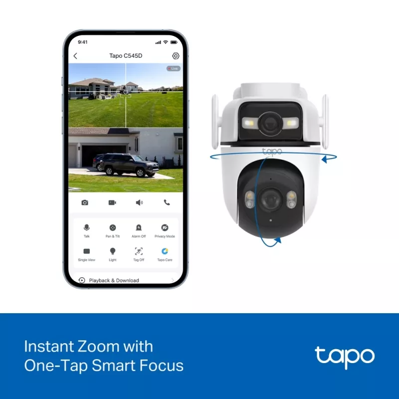 TP-Link Tapo Outdoor Dual Lens Pan/Tilt Security Camera, IP apsaugos kamera, lauko, laidinė ir belaidė, montavimas ant lubų/sienos/stulpo, balta, sferinė